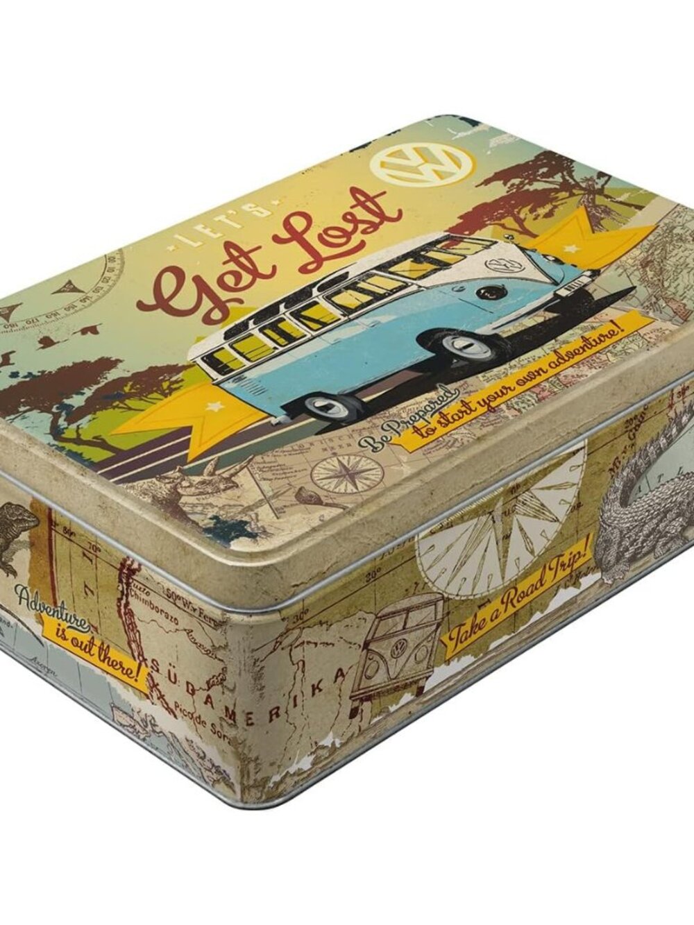 Retro storage tin box flat, 84.5 oz, VW Bulli – Let's Get Lost – VW Bus Gift ide
